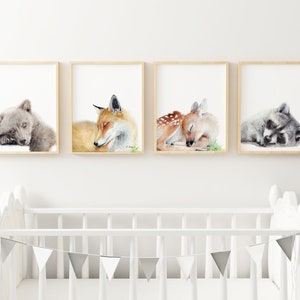 Woodland Animals Nursery Art Prints, Set of 4, Sleeping animals, Bear, Fox, Deer, Raccoon, Forest Nursery Wall decor, watercolor nursery art