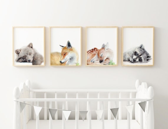 Woodland Animals Nursery Art Prints Set of 4 Sleeping