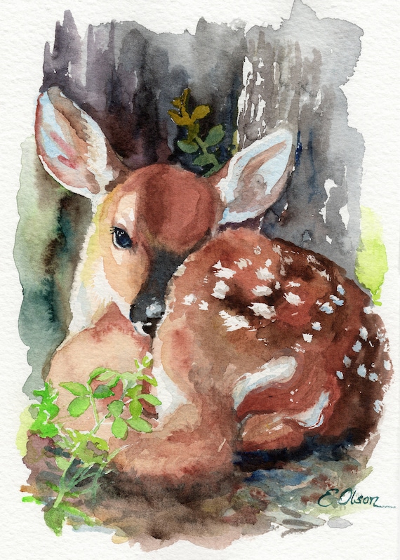 Deer Watercolor Painting Animal Art Original Art Wall Art Fawn Landscape Wildlife Art Home Decor
