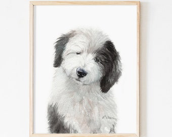 Watercolor Old English Sheepdog, puppy prints, Dog Nursery, Kids Room Decor, Nursery wall decor, Old English Sheepdog Fine Art Giclee Print