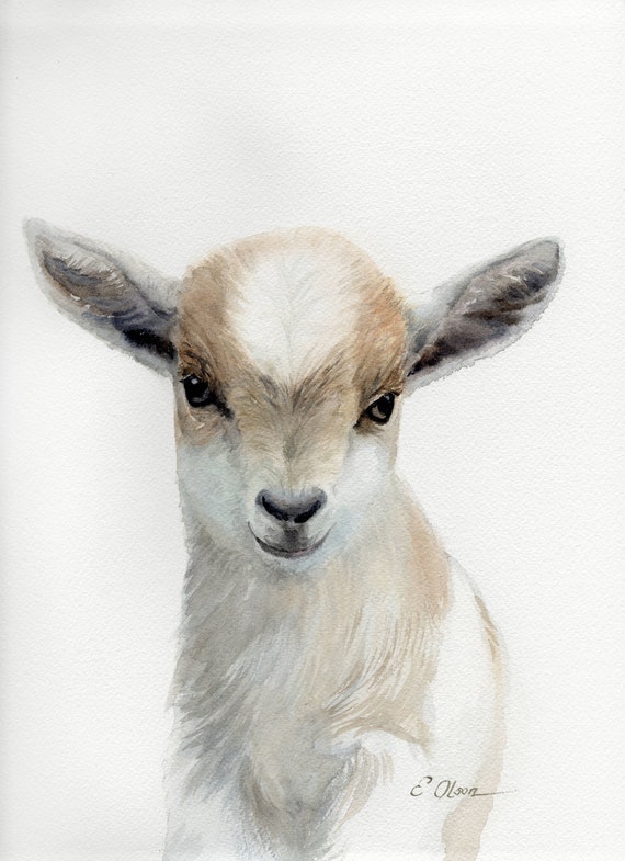 ORIGINAL Watercolor Baby Goat Kid Painting Tan Baby Goat Wall