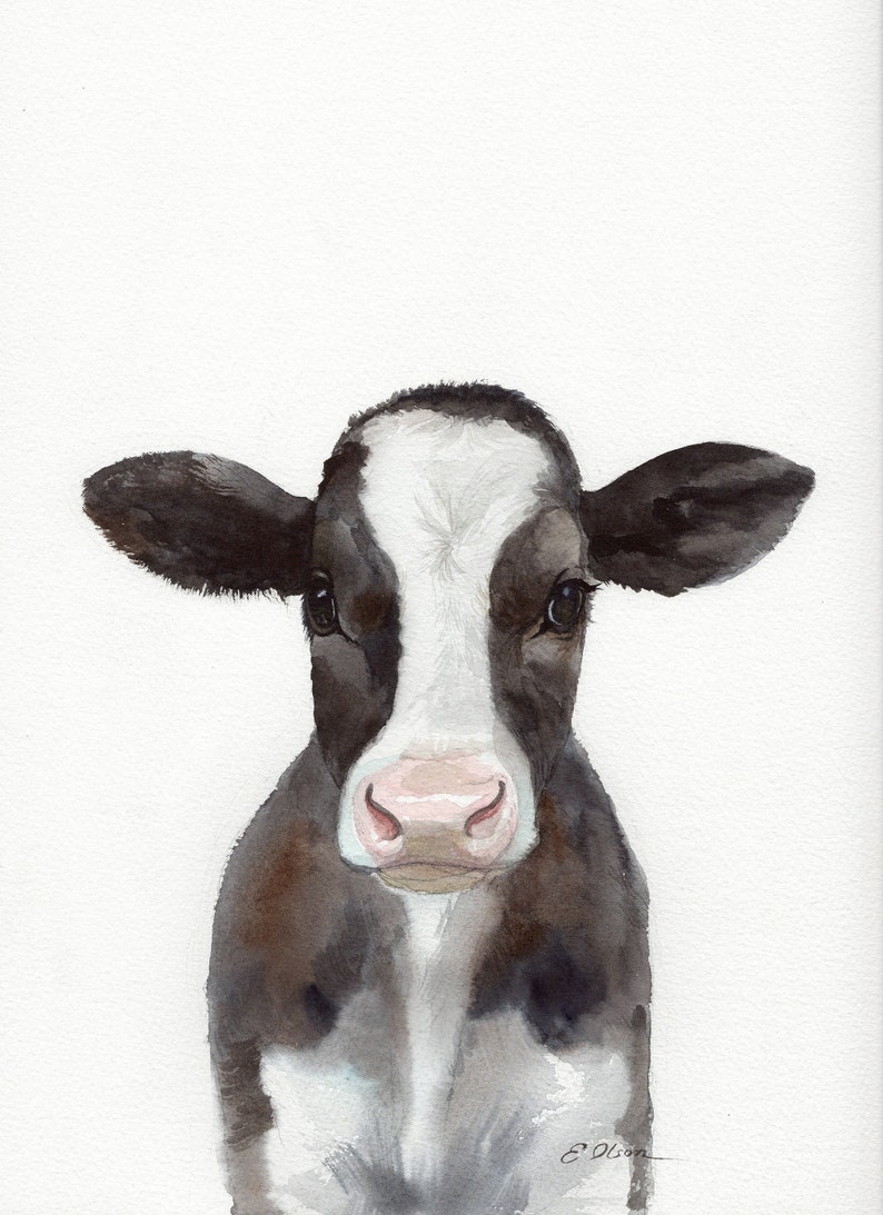 ORIGINAL Watercolor Baby Cow Calf painting Holstein cow wall | Etsy