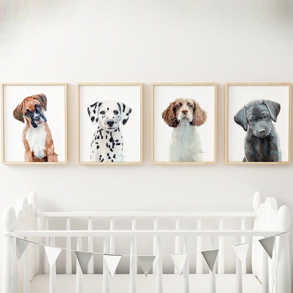 Puppy Nursery animal prints, Set of 4 prints, Watercolor kids room art, Puppy wall decor, Puppy animal art, mix & match, Puppy watercolors