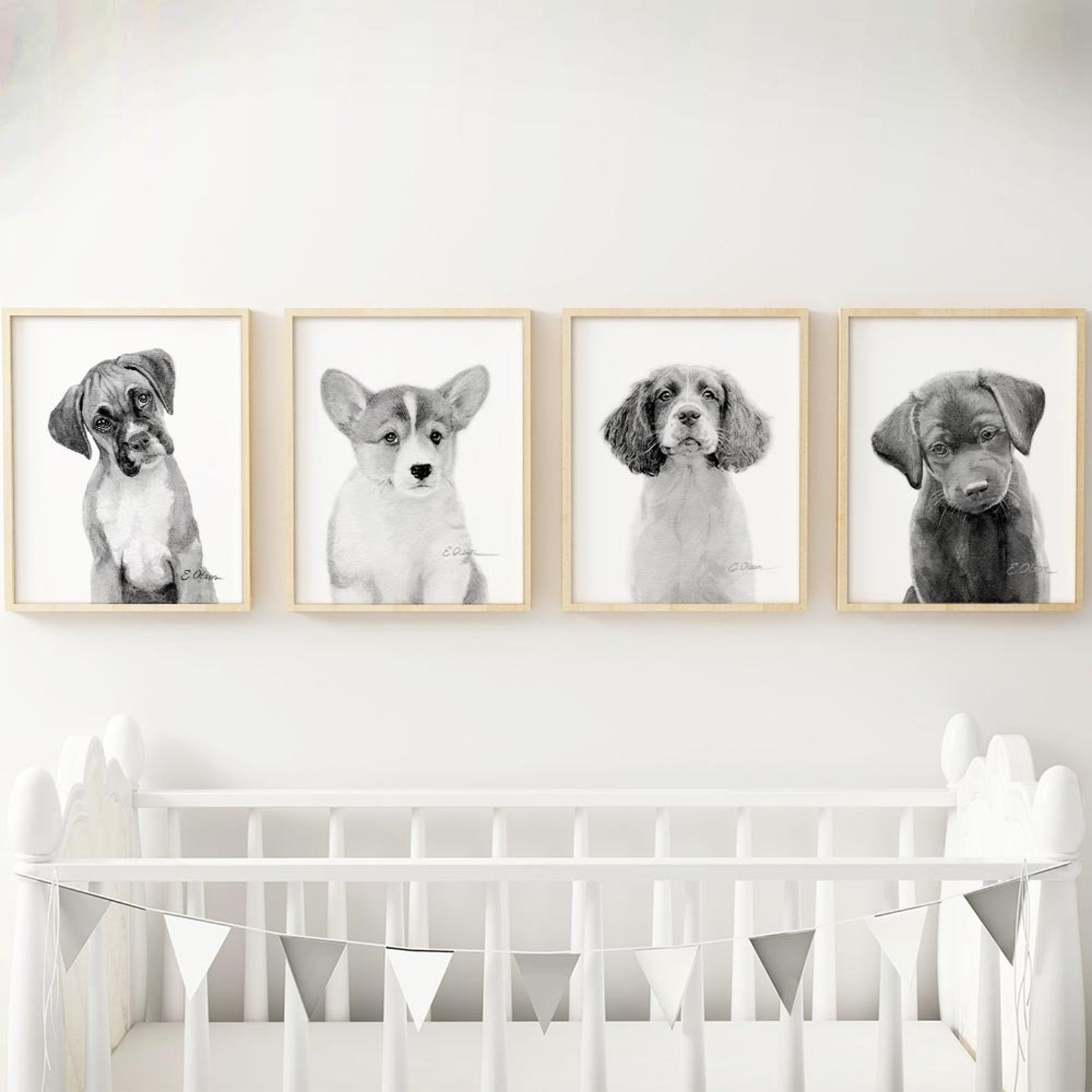 Puppy Nursery Prints Black White Set of 4 Prints Watercolor Etsy
