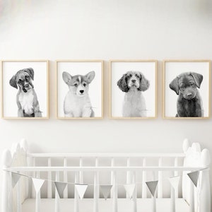Puppy Nursery prints, black white, Set of 4 prints, Watercolor kids room art, Puppy wall decor, Puppy animal art, mix & match Nursery dogs