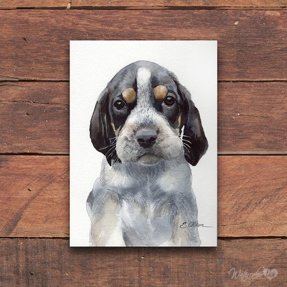 ORIGINAL Watercolor Bluetick Coonhound Puppy Painting Dog Lovers