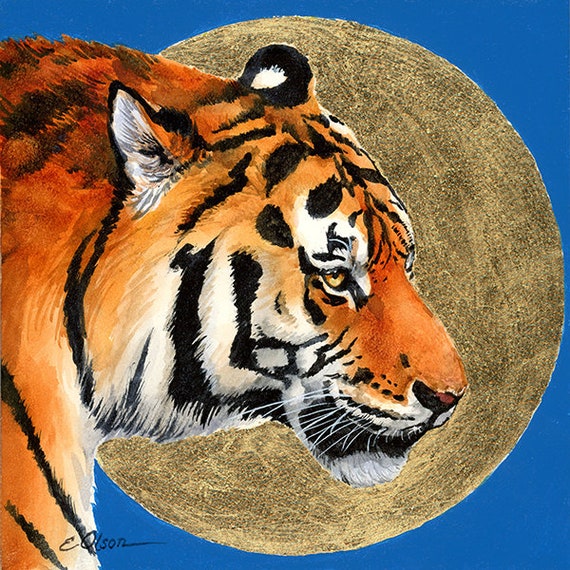 ORIGINAL Watercolor Tiger Painting Gold Leaf Moon Tiger Wall Art