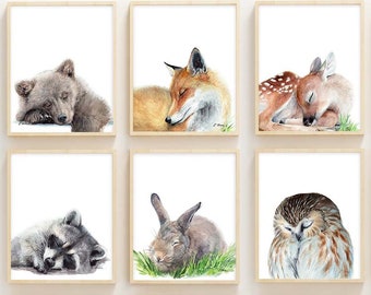 6 Sleeping Woodland Animal Prints, Watercolor nursery wall decor, Bear, Fox, Rabbit, Owl, Deer, Moose, Raccoon, Woodland Forest Kids room