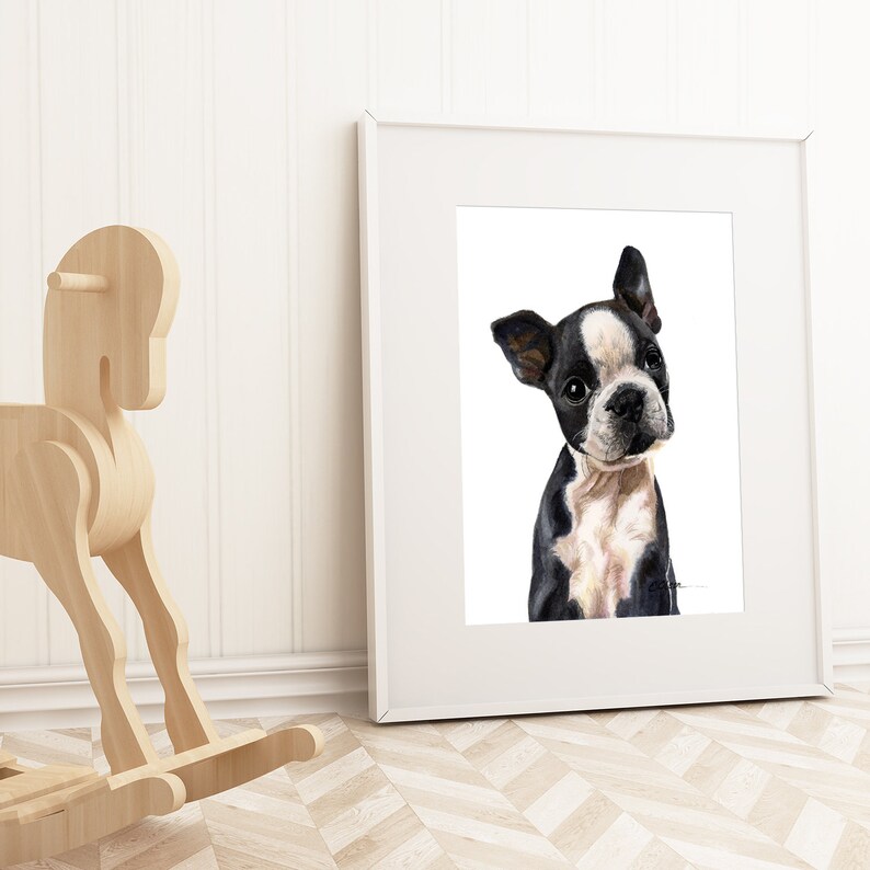 Watercolor puppy, Boston Terrier puppy prints, Boston Terrier fine art prints, High quality art print, Dog kids room decor, Nursery wall art image 2