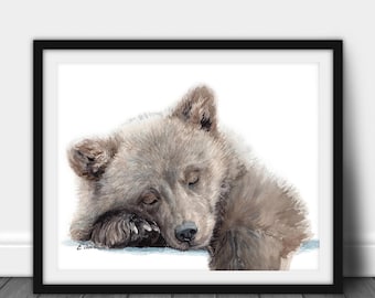 Bear Art Gift, Sleeping Bear Art Print, Watercolor Grizzly Bear Print, Woodland Animals Nursery Decor, Nursery Wall Art, Bear Cub art print