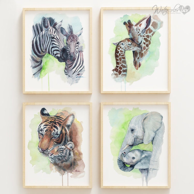 Watercolor Safari Animal PRINTS, Set of 4 High Quality Prints, Jungle Nursery art decor, Safari Nursery Wall Art Prints, Baby animals prints