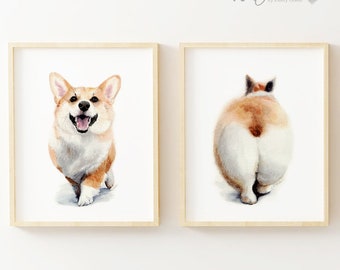 Pembroke Welsh Corgi prints, Set of 2 prints, Corgi Butt wall art, Nursery Corgi Heads & Tails, Kids Room Decor, Dog Nursery, Corgi Decor