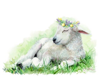 Lamb Nursery art print, PRINTABLE, Nursery decor, Lavendar & Lemon, Baby animal prints, Farm Nursery wall art, Flower Crown animal prints