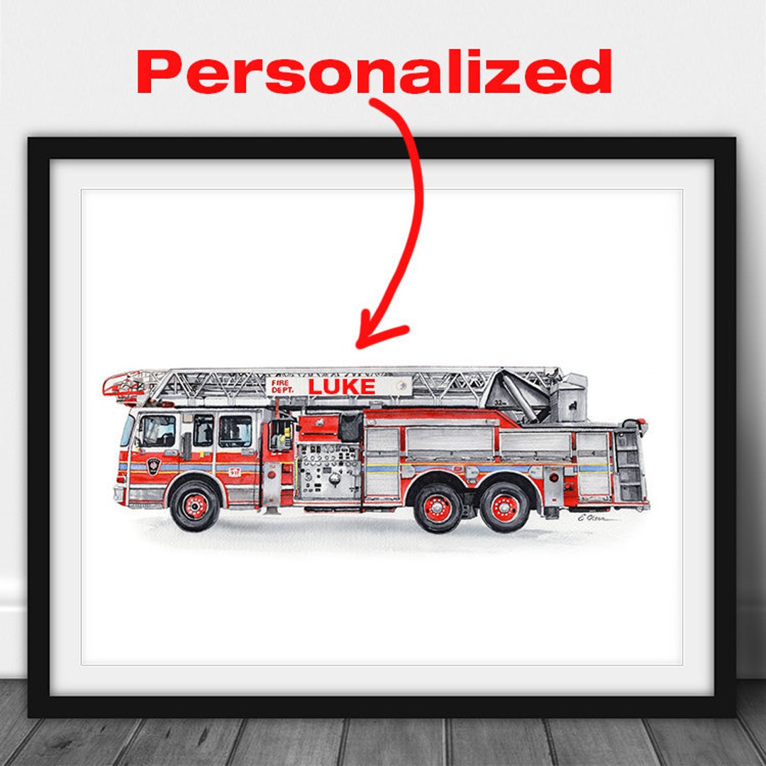 Personalized Fire Truck Art Print, Fire House Decor, Red Fire Truck