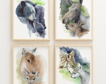 Watercolor Forest Animal PRINTS, Set of 4 High Quality Prints, Woodland Nursery art decor, Mom and Baby Wall Art Prints, Baby animals prints