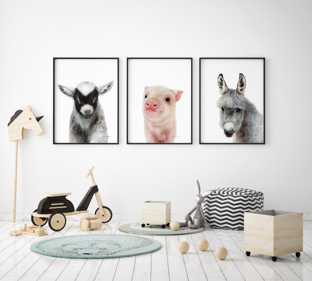 Farm Nursery Animal Prints, Set of 3 Prints, Watercolor Kids Room Art ...