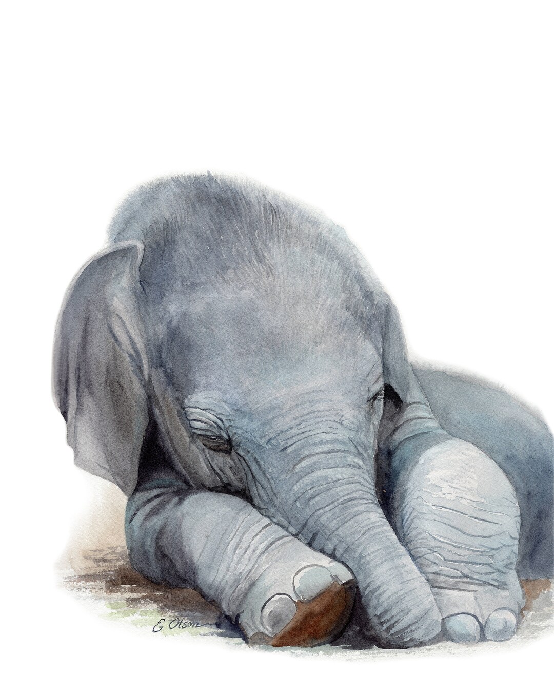 Elephant Art Gift, Sleeping Elephant Art Print, Baby Elephant Print
