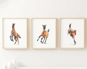 Horse Kids room prints, Set of 3 prints, Watercolor nursery art, Horse girl wall decor, Foal trip, Baby horse art prints, foal prints