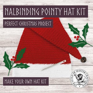 May include: A red and white NALBINDING pointy hat kit, perfect for a Christmas project. The image includes text that says "Make Your Own Hat Kit". The hat is decorated with holly and a bell.