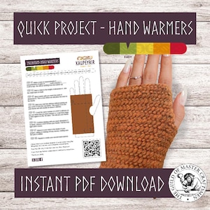 Könnte beinhalten: Ein druckbares PDF-Muster zum Häkeln von Handwärmern. Das Muster enthält Anweisungen und ein Diagramm zur Herstellung der Handwärmer. Das Bild zeigt auch ein fertiges Paar Handwärmer in brauner Farbe.