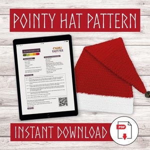 Puede incluir: Un gorro puntiagudo tejido en rojo y blanco con una campana, junto a una tableta que muestra un patrón. Los textos "POINTY HAT PATTERN" e "INSTANT DOWNLOAD" se muestran en rojo. También es visible un icono PDF.