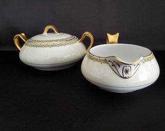 Athena/TK Thun/Superior Czech Porcelain/Antiques/Gilded/Sugar Bowl & Creamer Set