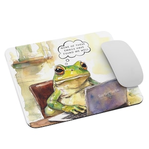 May include: A green frog sitting at a desk with a laptop, thinking "None of these emails have found me well".
