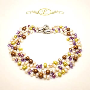 GENUINE PEARLS NECKLACE multicolored  pearls and amethyst tree strings