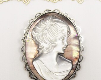 Broche Ancienne Camée Coquille Femme - Argent Sterling - Bijou Antique - Occasion
