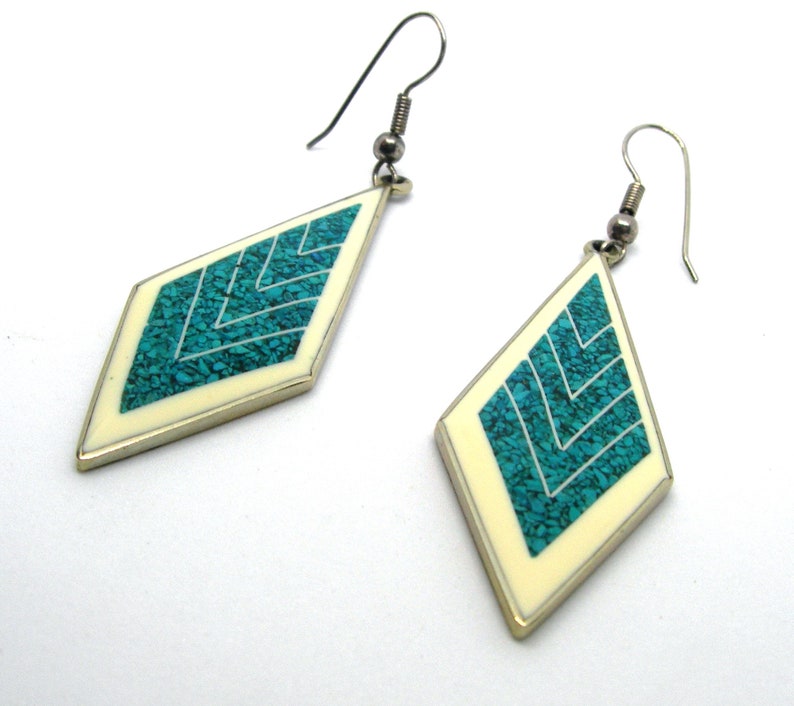 drop earrings turquoise mosaic Vintage Mexican alpaca,hand made