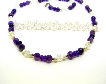 AMETHYST PEARLS and hand carved rock CRYSTAL necklace Genuine gemstones vintage