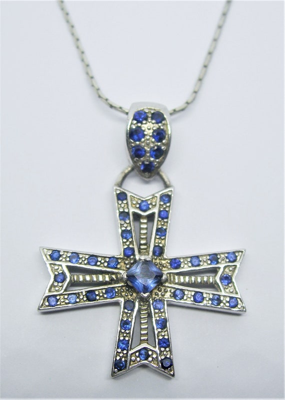 Pendentif Croix Vintage En Argent Sterling 925 Avec Topaze Bleue Et Pierre De Lune - Années 80 - 18 Pouces