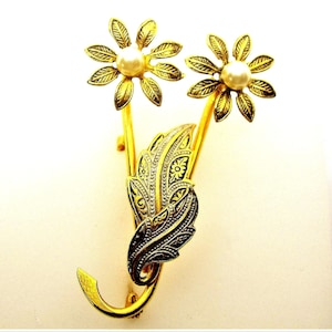 DAMASCENE BROOCH DAISIES Spanish Toledo vintage gold and black