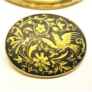 DAMASCENE BROOCH with BIRD and Flowers gold and black Spanish Toledo vintage