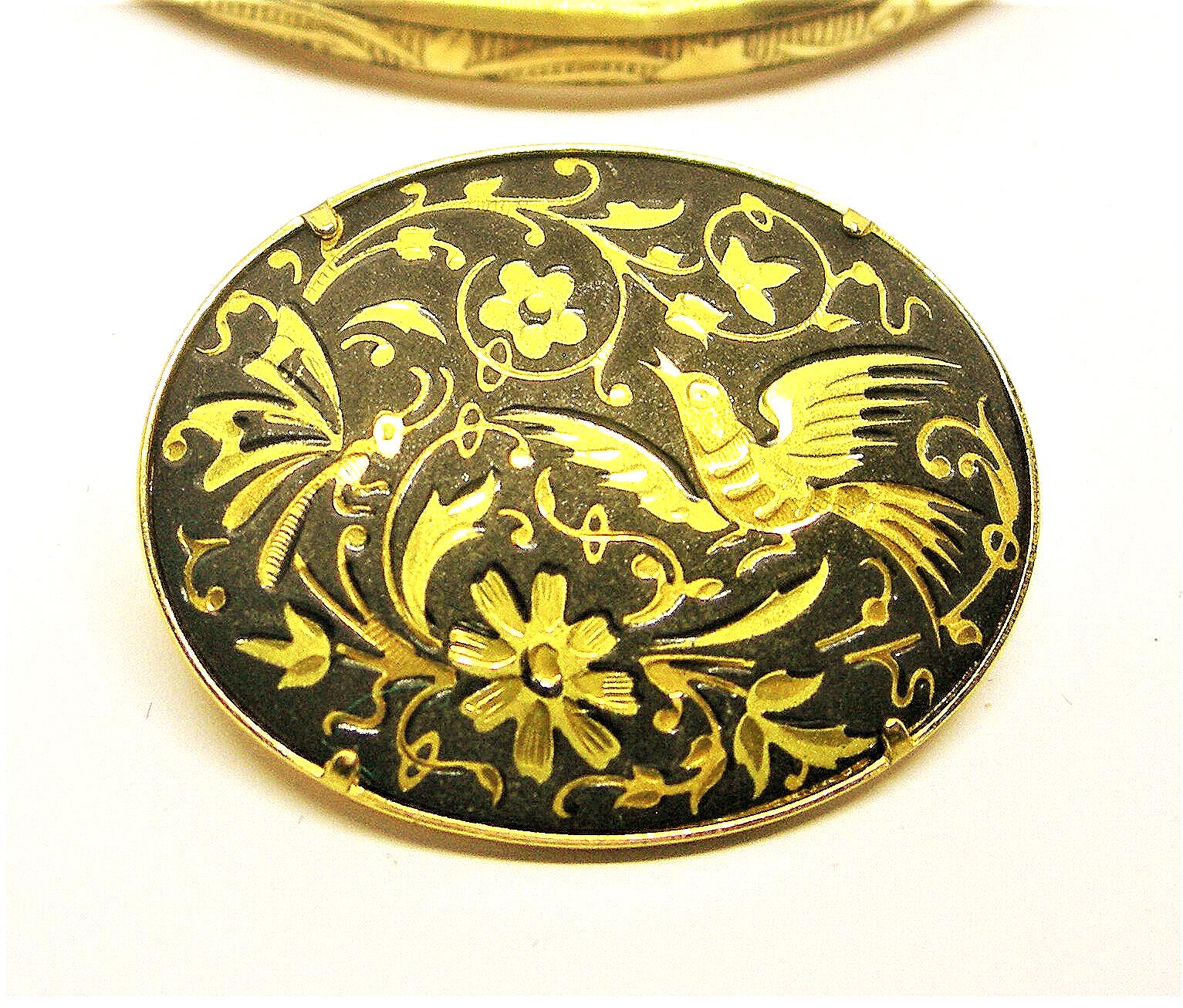 DAMASCENE BROOCH With BIRD and Flowers Gold and Black Spanish