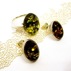Baltic amber SILVER JEWELLERY SET ring and earrings, olive green, vintage, Minimalist style