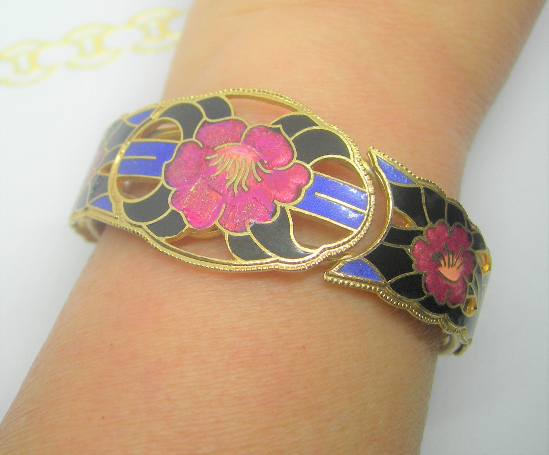 Cloisonné Bracelet FLOWERS Vintage Chunky Etsy UK