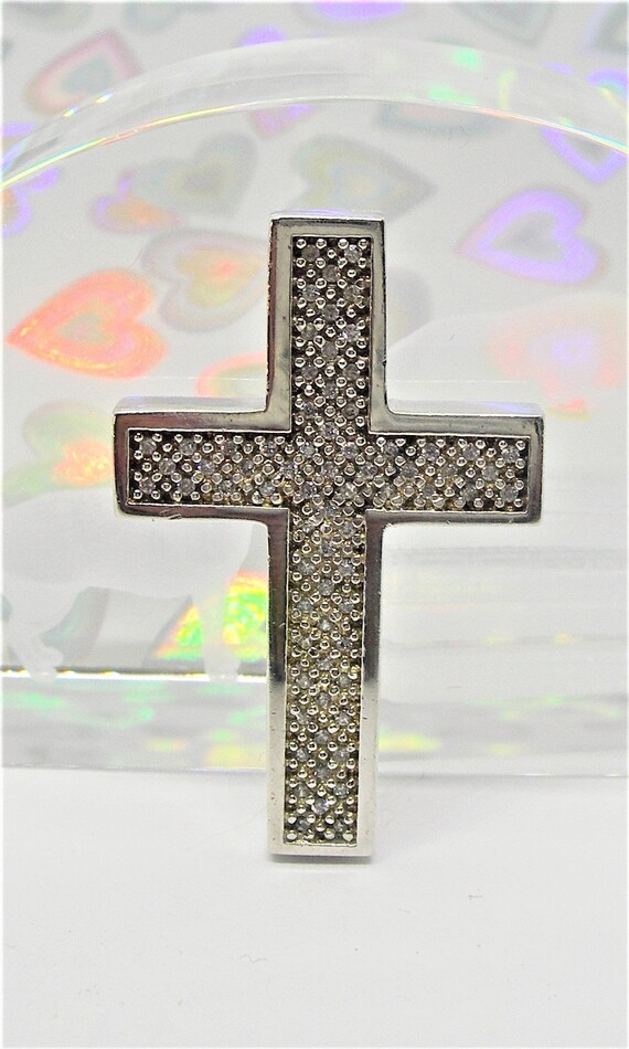 Large Sterling SILVER CROSS ZIRCON Sparkling Ston… - image 2