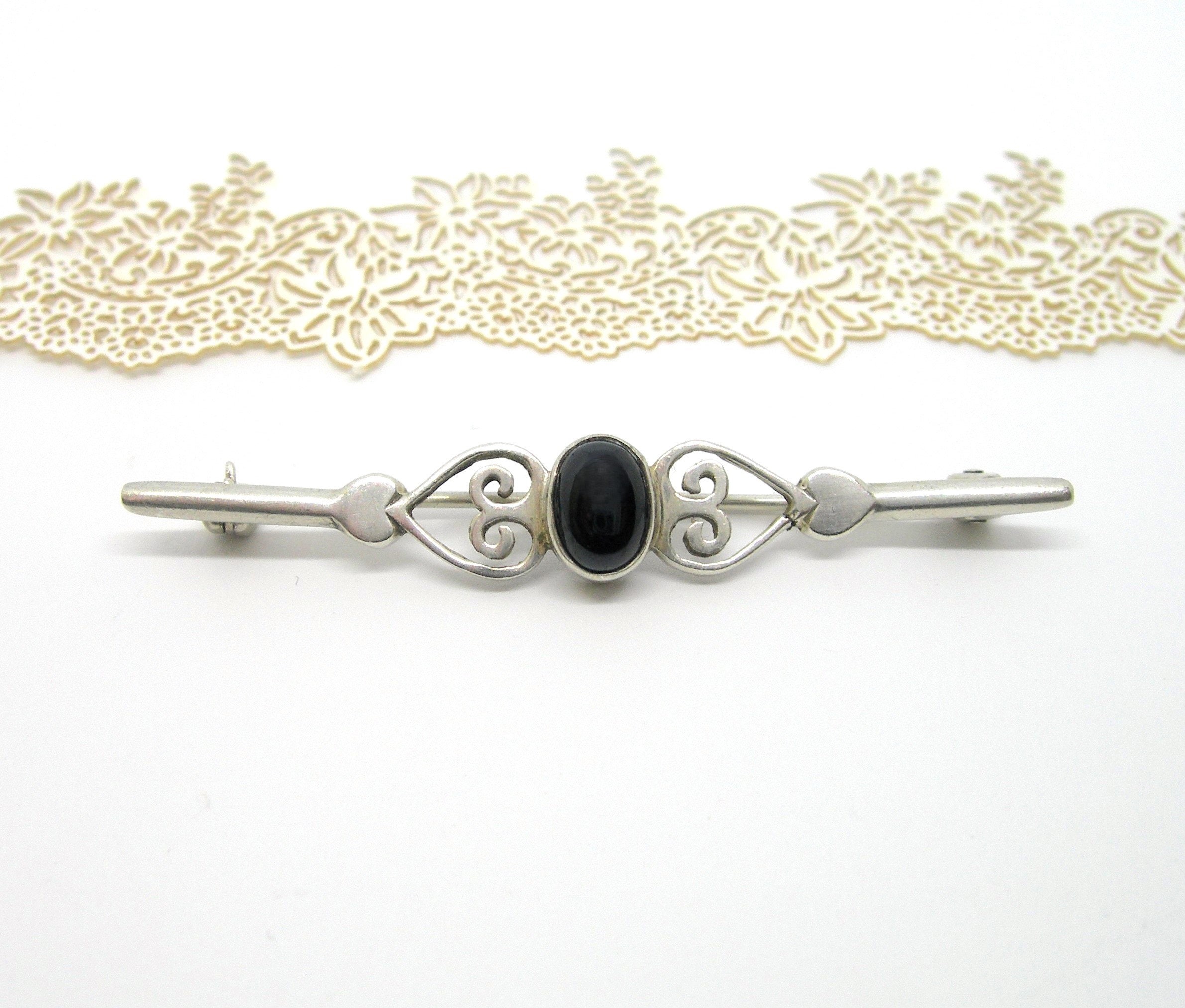 VINTAGE SILVER BROOCH sterling with black onyx gemstone