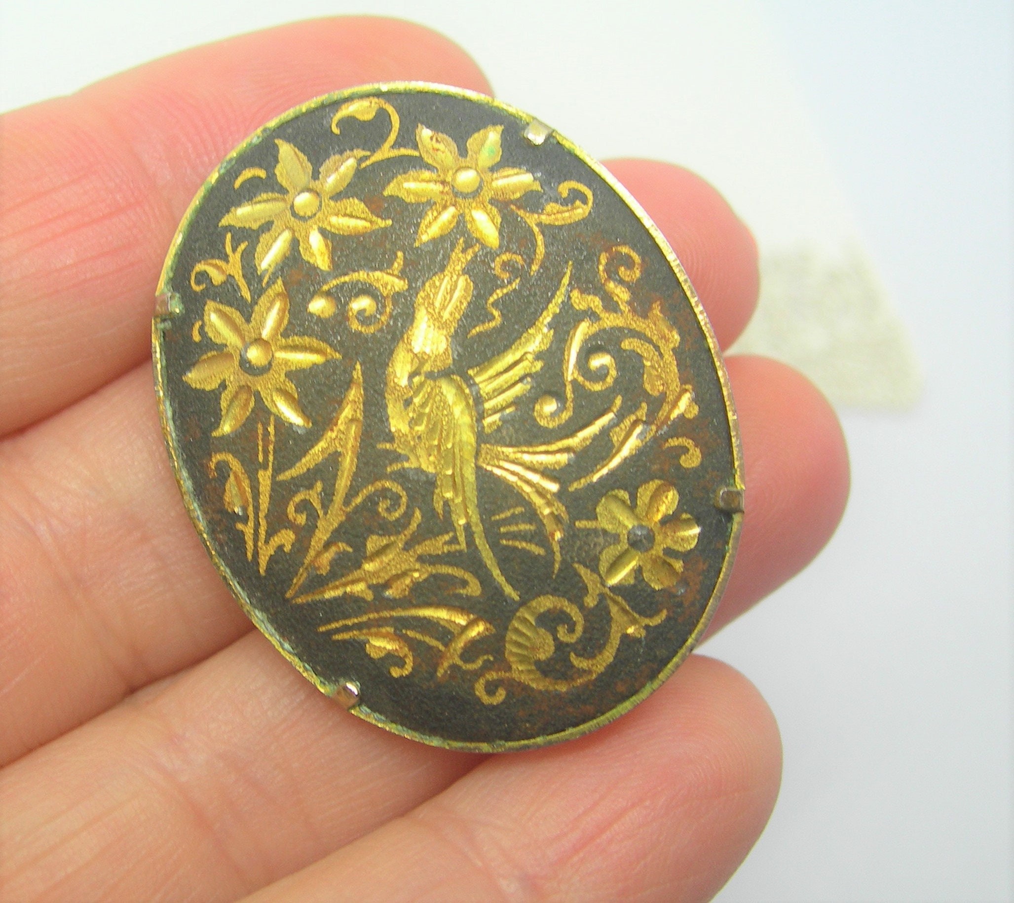 Broche Vintage En Métal Doré - Motif Oiseaux Et Fleurs - Style Or De Tolède