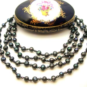 Long Black FRESHWATER PEARL NECKLACE in Limoges porcelain box