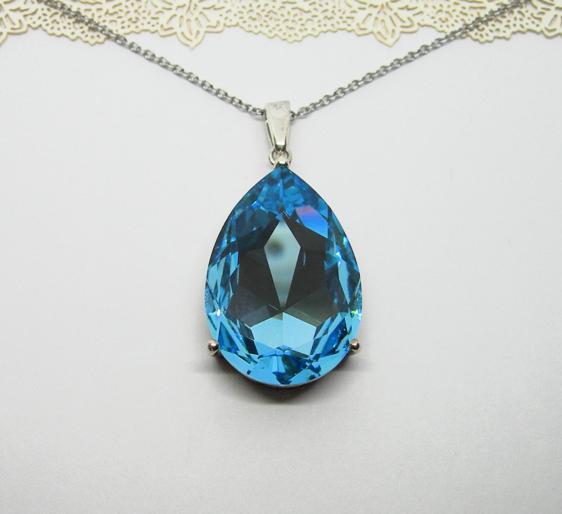 Sparkling Sterling SILVER BLUE PENDANT Prom Jewellery Large