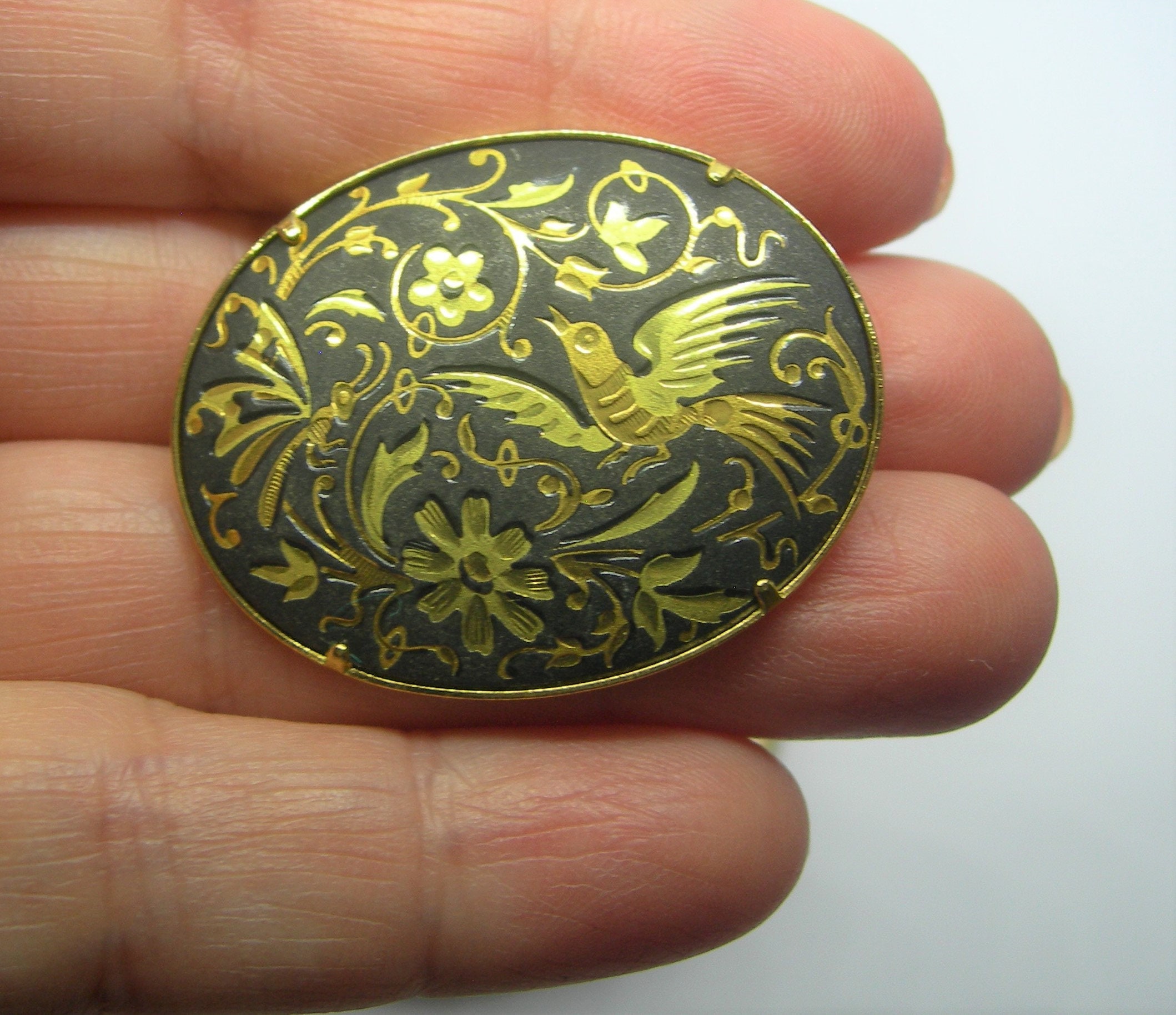 Broche Vintage En Métal Doré - Motif Oiseaux Et Fleurs, Style Tolède
