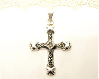 SILVER CROSS PENDANT with marcasite stones vintage