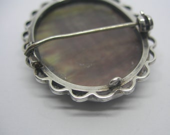 Broche Ancienne Camée Coquille Femme - Argent Sterling - Bijou Antique - Occasion