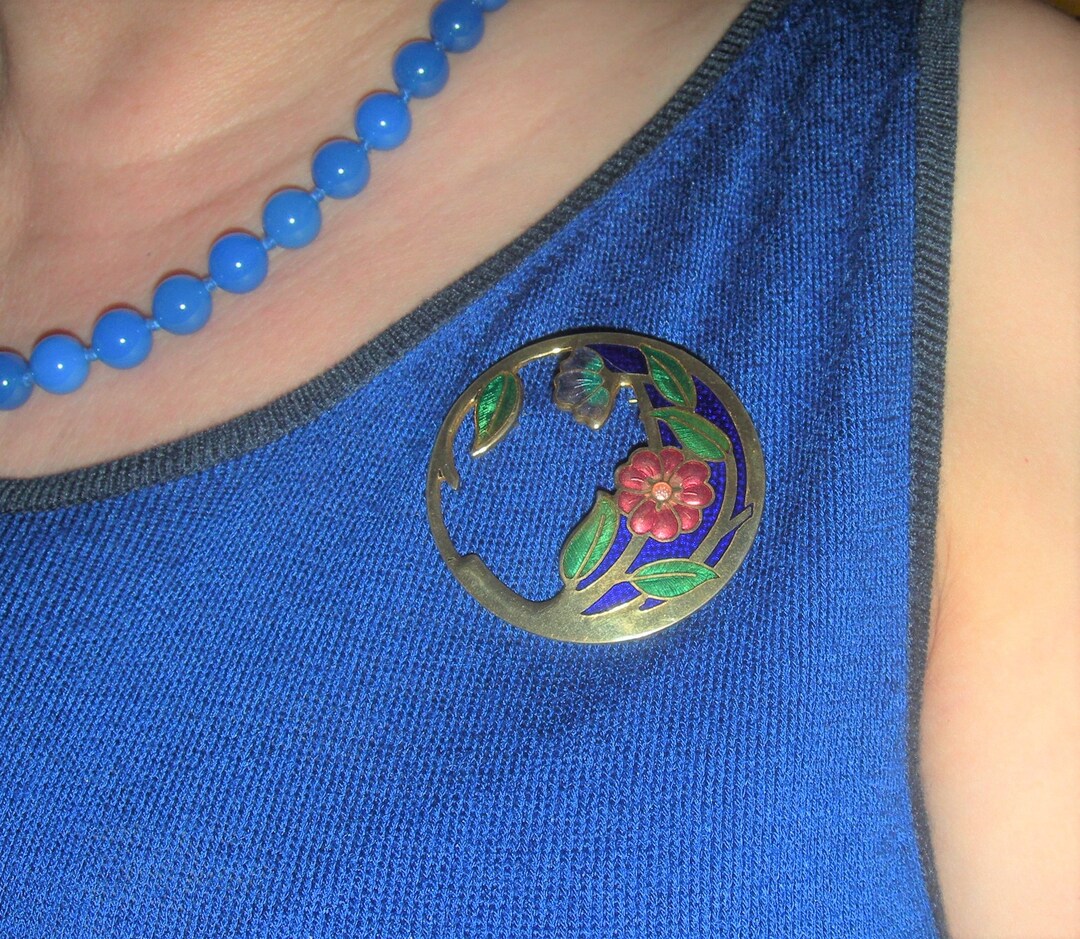 VINTAGE CLOISONNE BROOCH Flowers Enamelled Blue Red and Gold Etsy