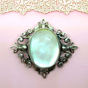 VINTAGE SILVER BROOCH with white mother of pearl Gift for her