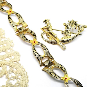 DAMASCENE BRACELET and BROOCH gold and black Spanish Toledo