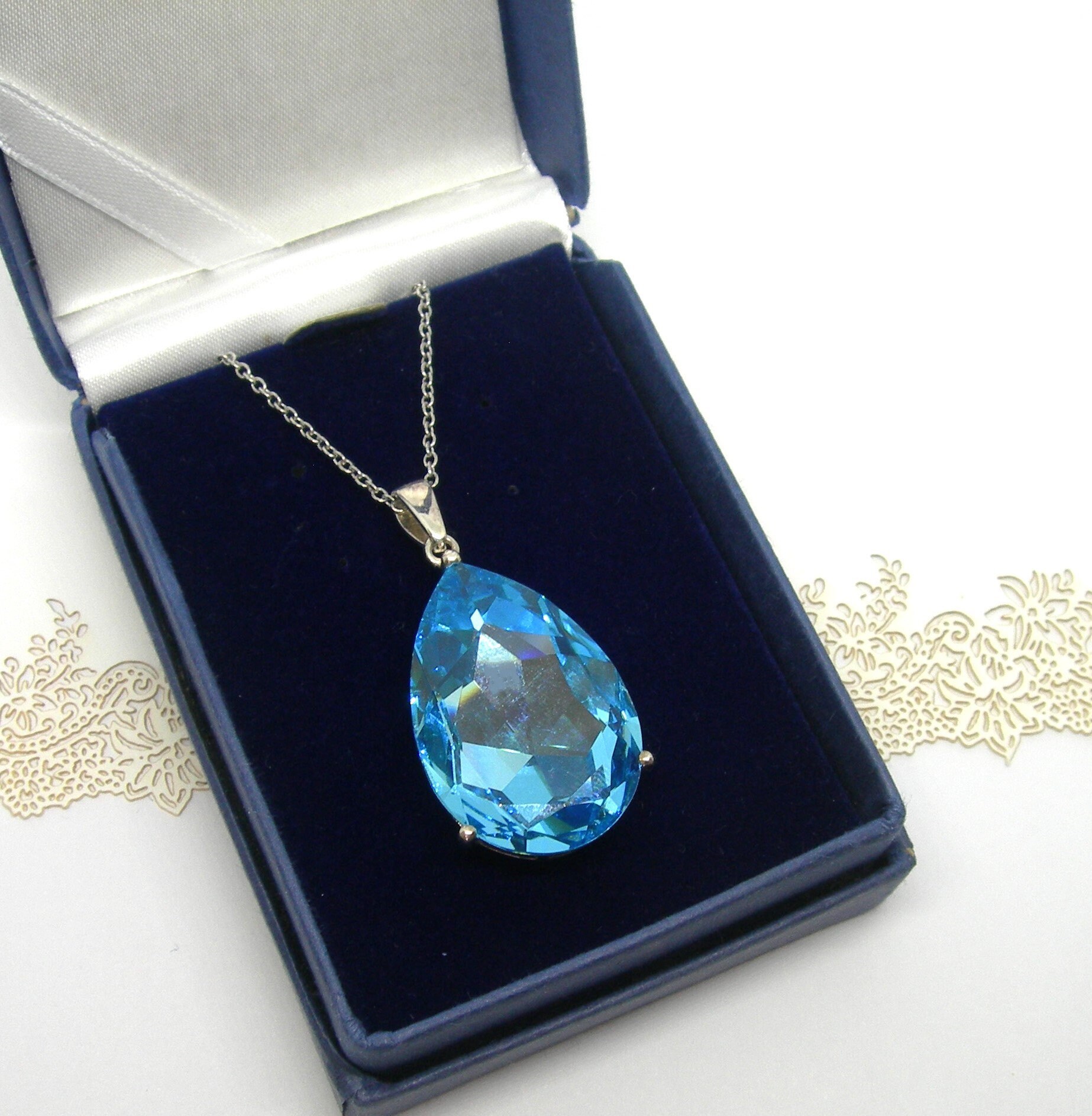 Sparkling Sterling SILVER BLUE PENDANT Prom Jewellery Large