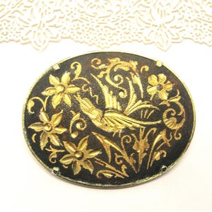 DAMASCENE BROOCH  with BIRD and Flowers gold and black Spanish Toledo vintage